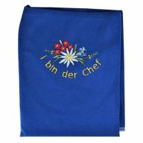 Blaue Südtirol Kinderschürze mit Bestickungen und lustigem Spruch "I bin der Chef"