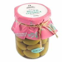 Bella di Cerignola, in Salzlake eingelegte große, grüne Oliven mit Kern, wunderbar viel Fruchtfleisch, mild im Geschmack.