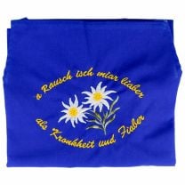 Original Bauernschurz: "A Rausch isch miar liaber als Krankheit und Fiaber" bestickte, original blaue Südtiroler Bauernschürze.