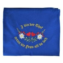 Original Bauernschurz: "I bin der Chef wenn die Frau nit do isch" bestickte, original blaue Südtiroler Bauernschürze.
